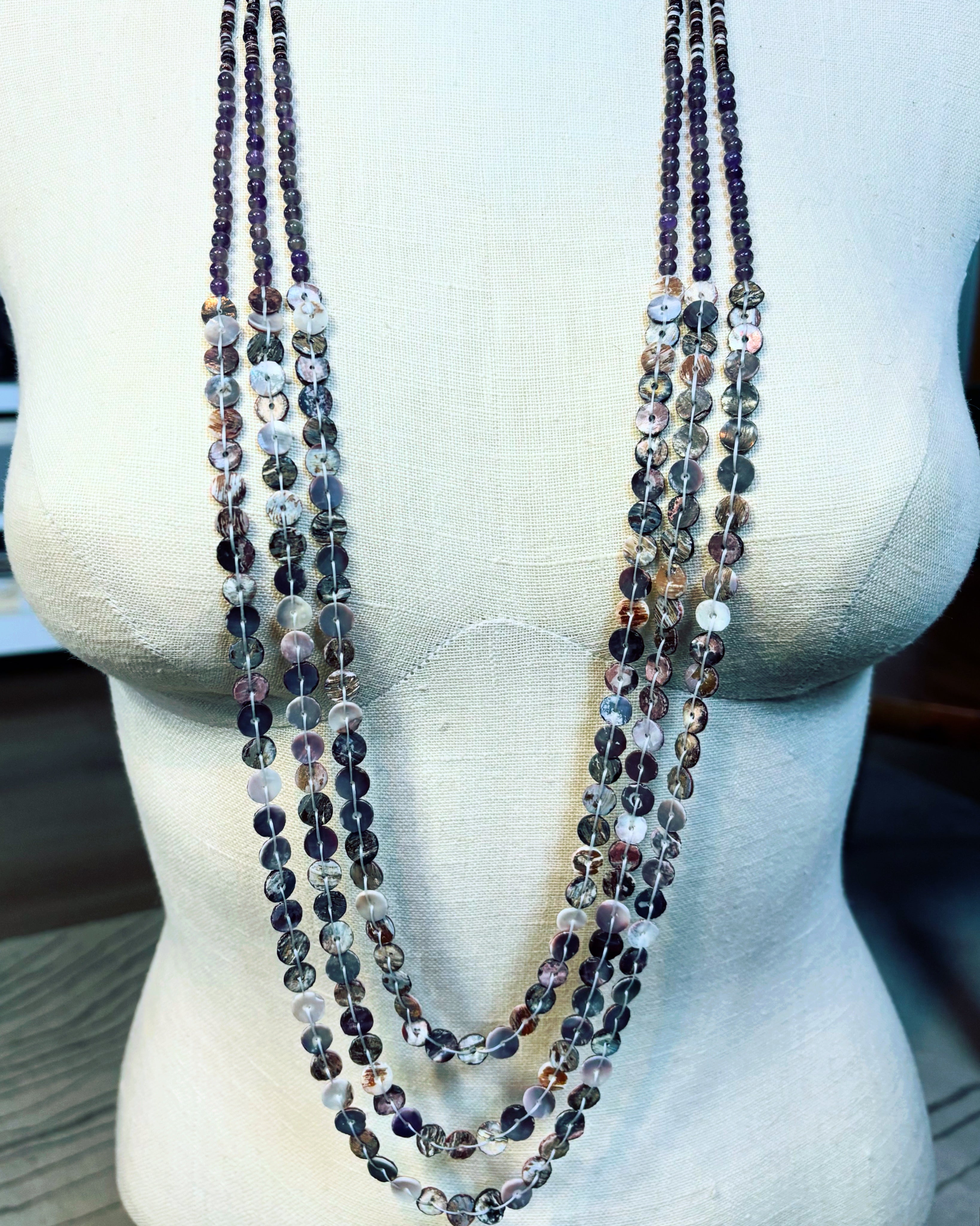 Purple Shell and Amethyst Triple Strand Necklace