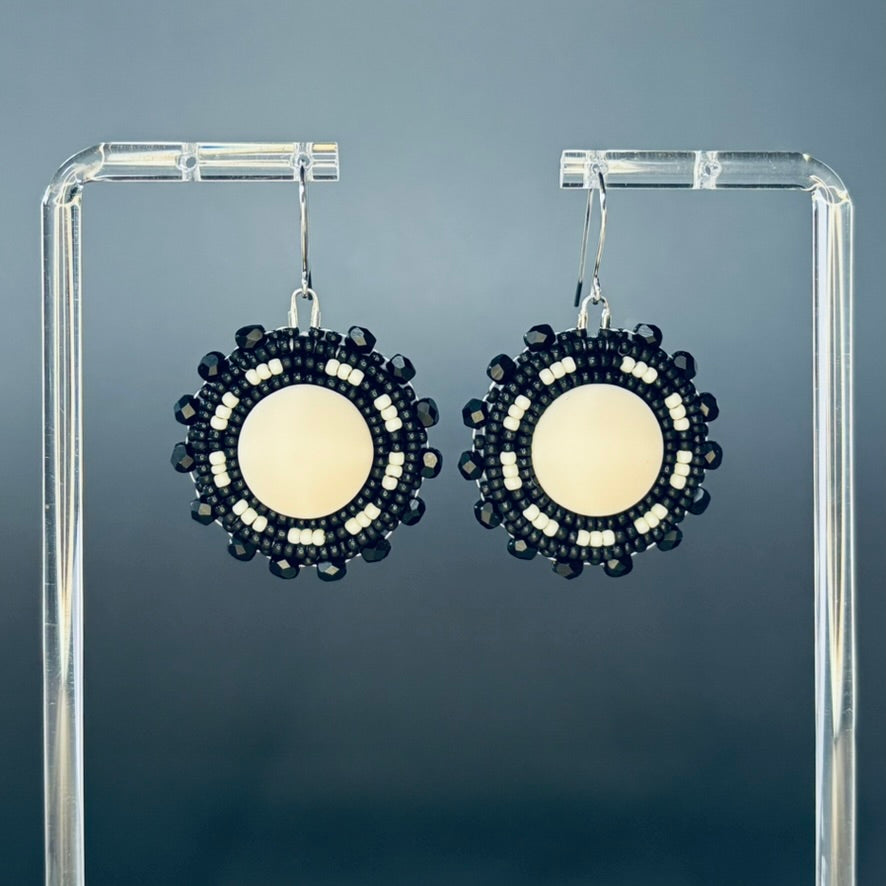 Matte Black and Bone Dotted Beaded Earrings