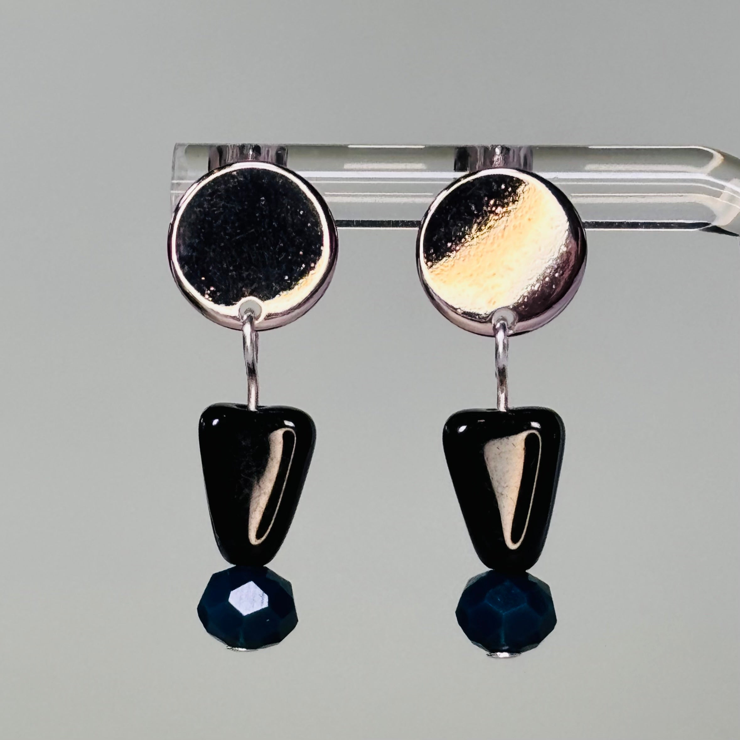 Triangle and Teal Glass Bead Silver Circle Studs