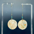 Abalone and Turquoise Dangles featuring round iridescent abalone discs with turquoise bead accents on long gold hooks