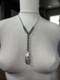 Steel and Abalone Necklace 6 featuring handmade chainmail design with iridescent abalone pendant and 5-inch drop detail