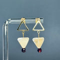 Gold Triangle Studs with Shell Rectangles and Garnet featuring delicate dangling mother of pearl and garnet beads, 1 1/4 inch length