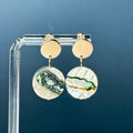 Abalone Coin Gold Circle Studs featuring large iridescent abalone discs with gold-tone circular studs for elegant style