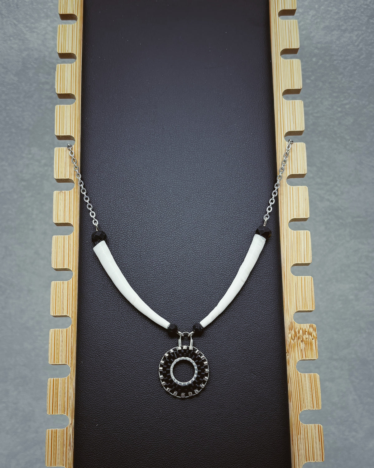 Beaded Dentalium Necklace with white shell strand and circular pendant