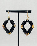 Black Diamond Brick Stitch Diamond Dangles featuring black beads and gold accents on gold hooks with a geometric diamond shape