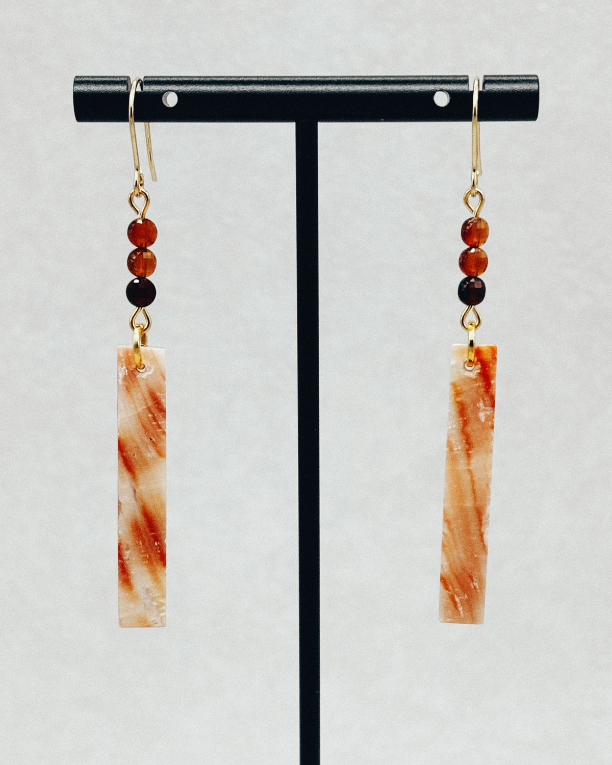 Abalone and Hessonite Rectangle Dangles with orange beads and long rectangular stone drops