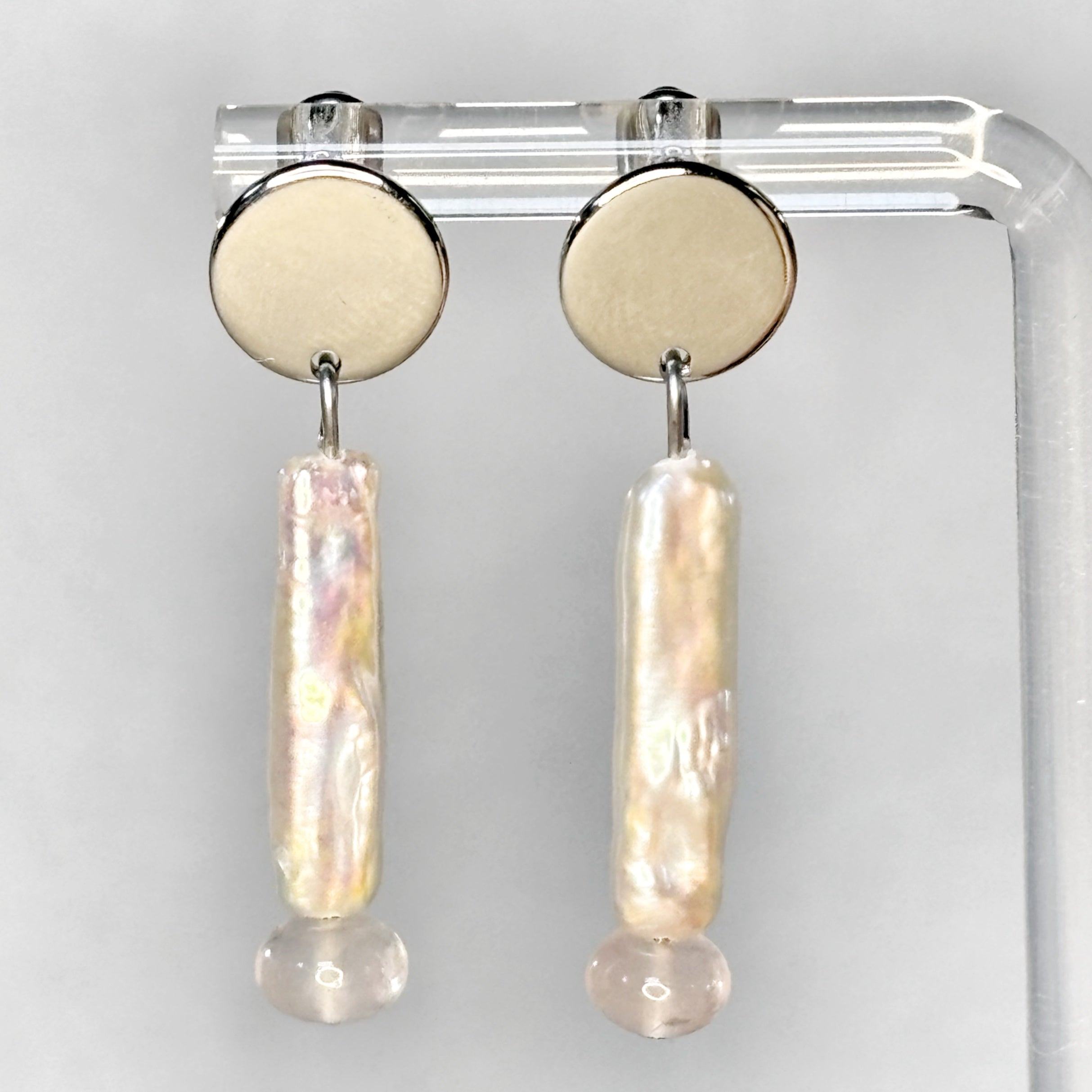 Biwa Pearl and Rose Quartz Silver Circle Studs with elongated pearls and smooth rose quartz beads gallery position 1