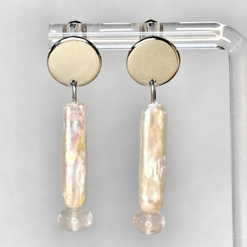Biwa Pearl and Rose Quartz Silver Circle Studs with elongated pearls and smooth rose quartz beads gallery position 1