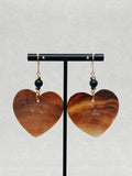 Brown Heart Dangles handmade beaded earrings with polished wooden heart charms and dark beads