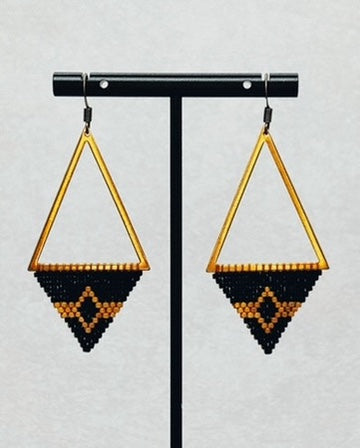 Bronze Triangle Dangles featuring triangular bronze frames with intricate black and bronze beadwork in a handmade indigenous style