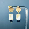 Gold Circle Studs with Shell Rectangles featuring mother of pearl rectangles and matte black glass rondelle dangles