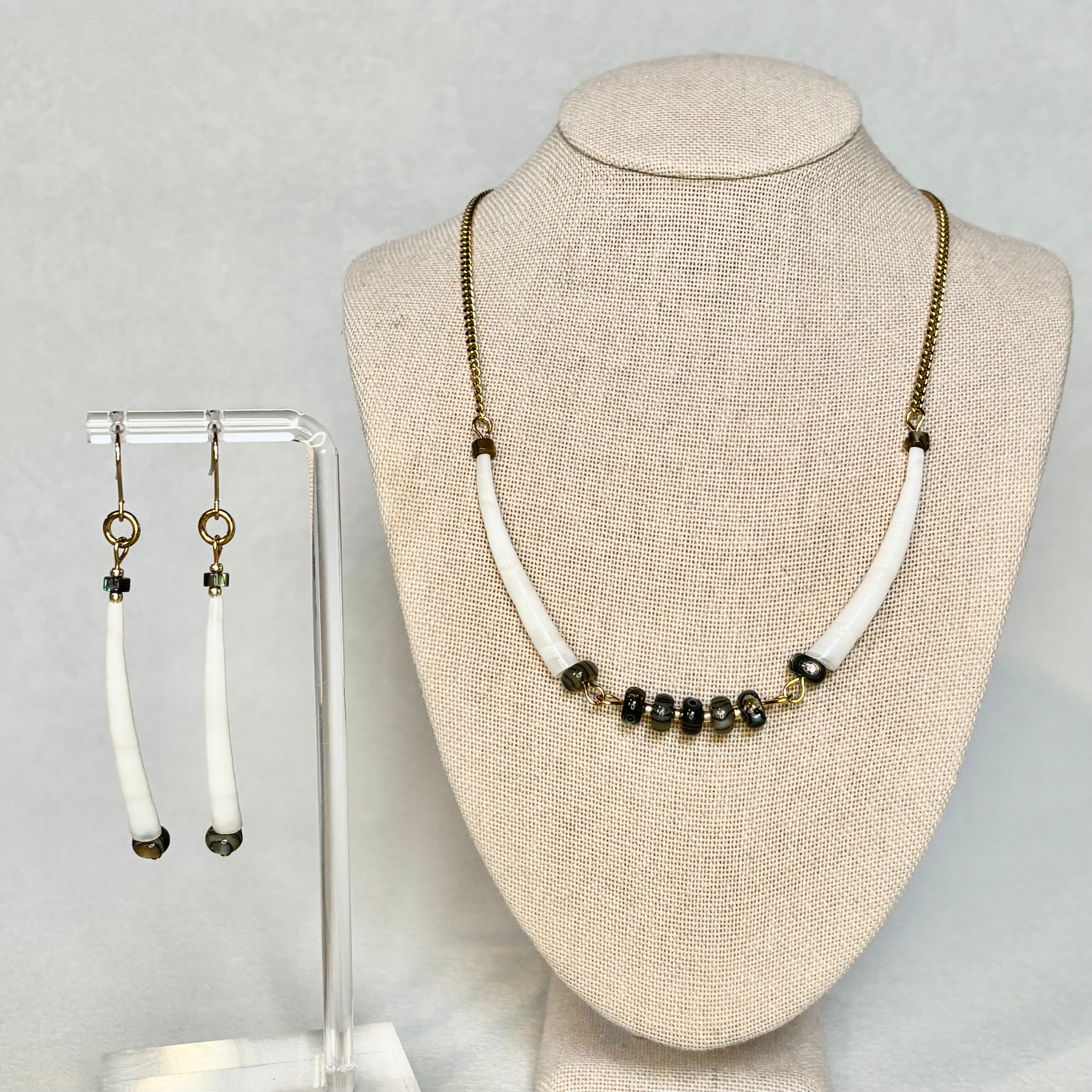 Dentalium and Abalone Gold Set 2 with delicate white dentalium tubes and dark abalone beads on gold chain, gallery position 1