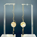 Abalone and Pinenut Drops gold threader earrings with lustrous abalone coins and blackened pinenut accents, handmade indigenous jewelry