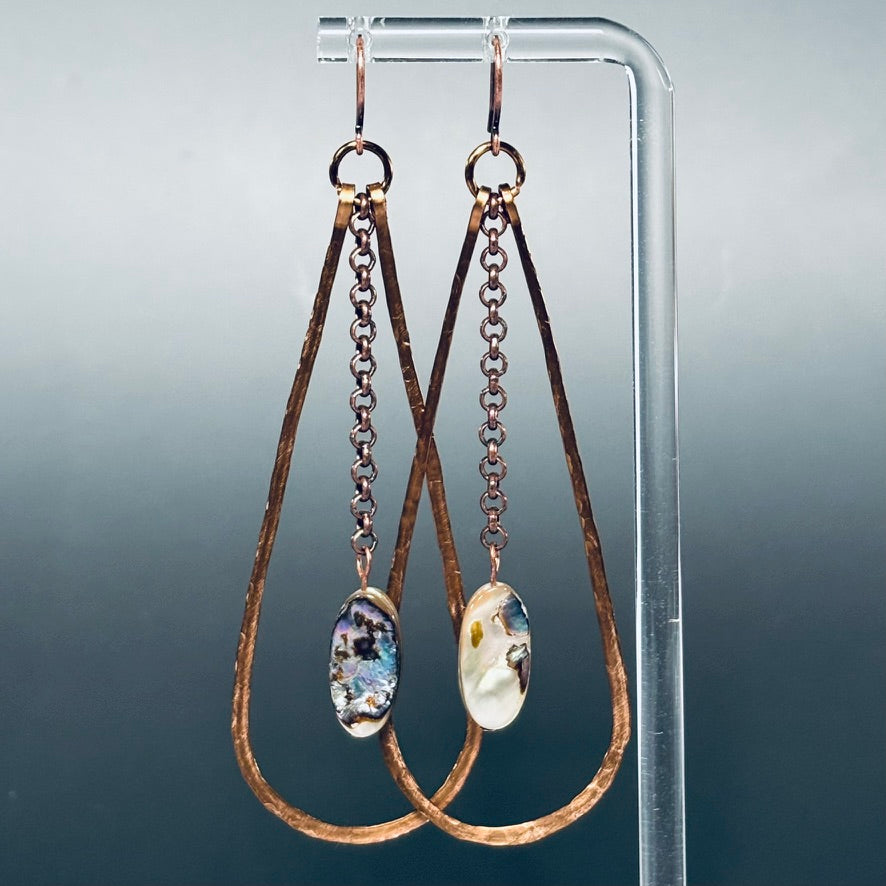 Hammered Bronze Teardrop Dangles with Abalone Ovals