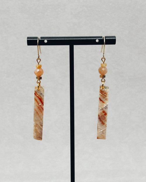 Abalone and Sunstone Rectangle Dangles with polished stone bars and golden beads