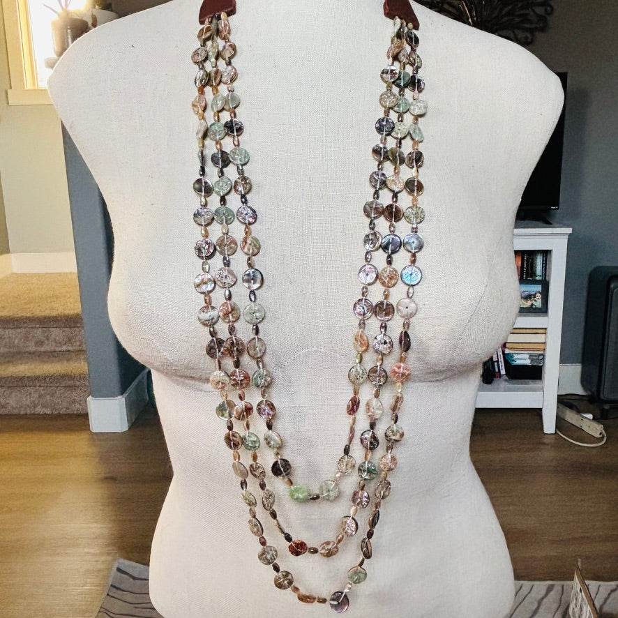 Three Strand Red Abalone Coin Necklace