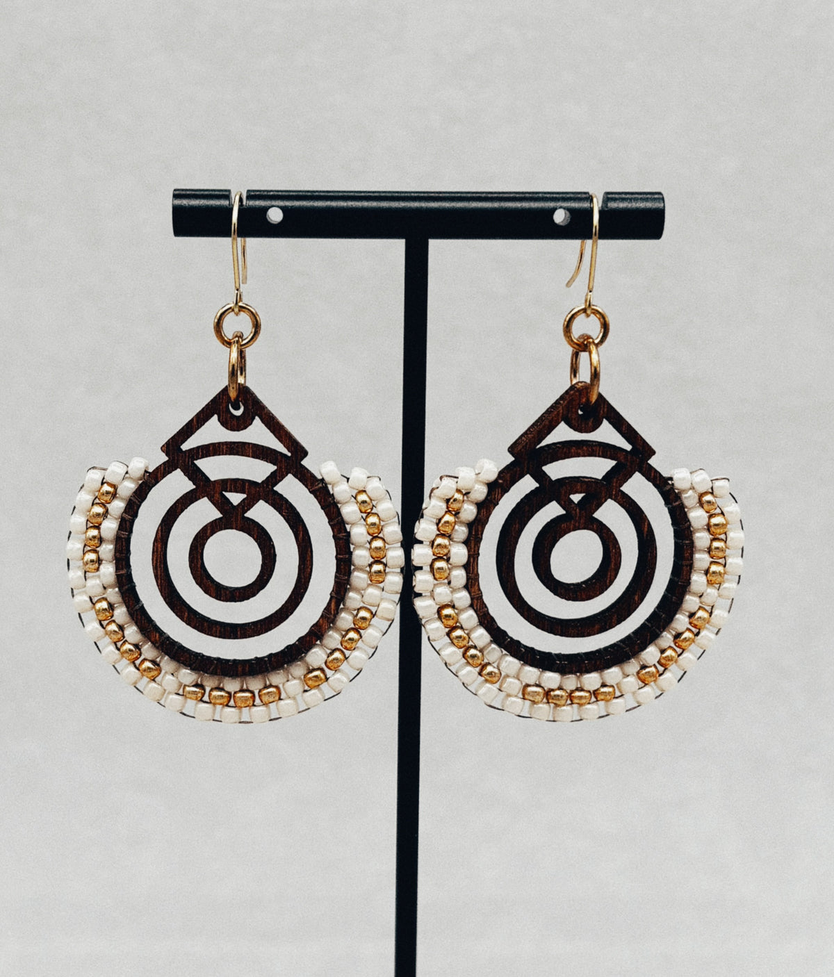 Birch Brick Stitch Hoop Dangles handmade beaded earrings with brown geometric beadwork and white and gold seed beads