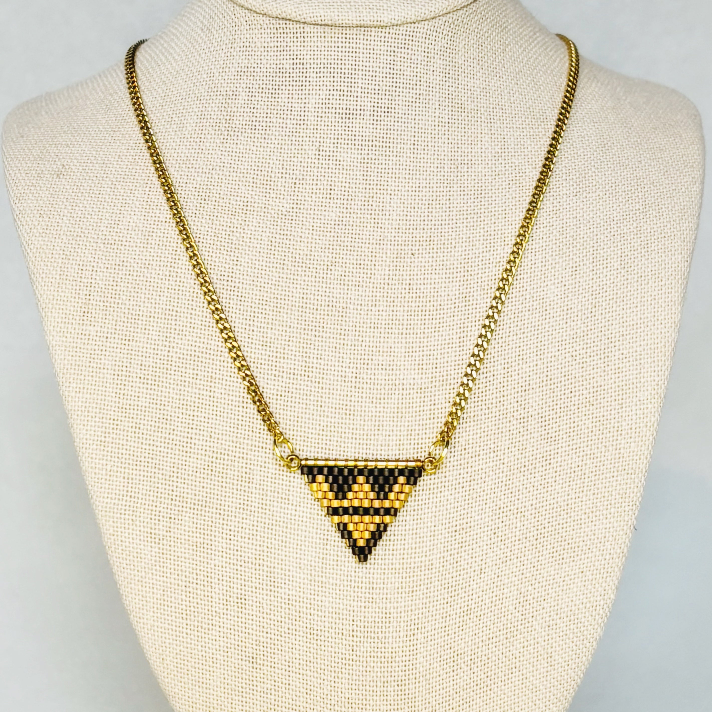 Brown and Gold Corona Beaded Necklace with geometric matte brown and gold triangle pendant gallery position 1