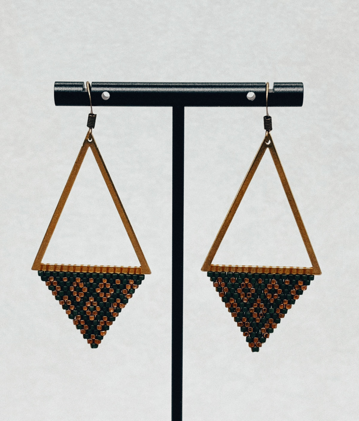 Bronze Triangle Dangles handmade beaded earrings with geometric black bronze and orange beadwork