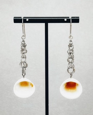 Silver Shaggy Dangles with Clamshells featuring linked silver rings and natural white shells in handmade indigenous style