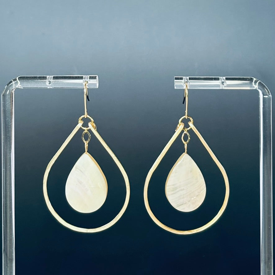 Hammered Gold Teardrop Dangles with White Abalone
