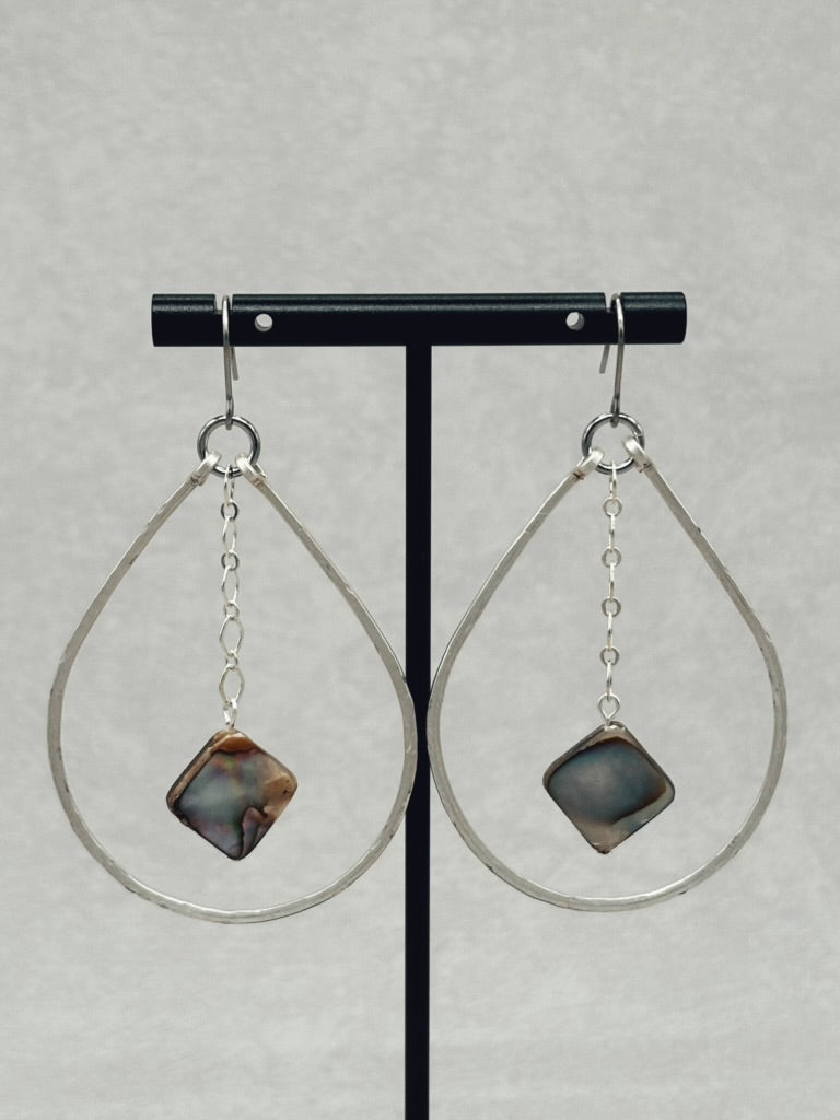 Hammered Silver Teardrop Dangles with Abalone Diamonds featuring handcrafted silver and iridescent abalone stones