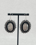 Black and Silver Beaded Fossil Dangles 2 handmade beaded earrings with oval fossil centers