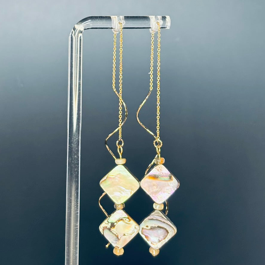 Double Abalone Diamond Gold Drops featuring two iridescent abalone diamond beads on delicate 3-inch gold ear chains