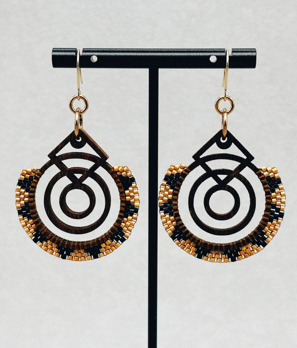 Walnut Brick Stitch Hoop Dangles handmade beaded earrings in black brown and gold