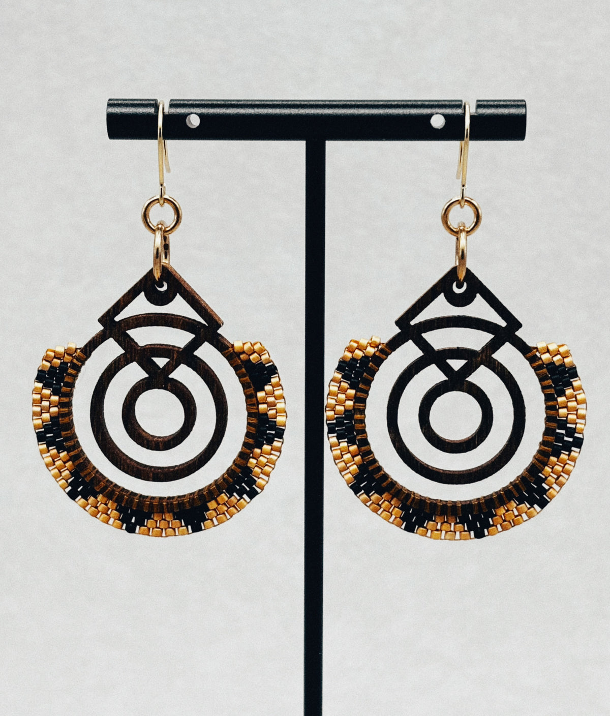 Walnut Brick Stitch Hoop Dangles handmade beaded earrings in black brown and gold