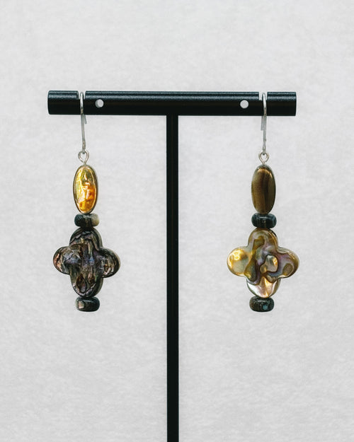 Abalone Quatrefoil Set featuring iridescent quatrefoil shapes and oval beads with dark accent beads on silver hooks