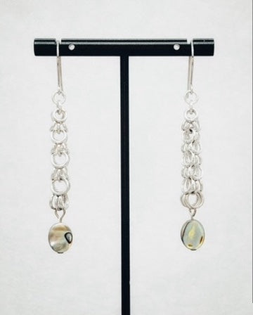 Silver Shaggy Dangles with Abalone featuring linked silver rings and unique iridescent abalone shell drops handcrafted style