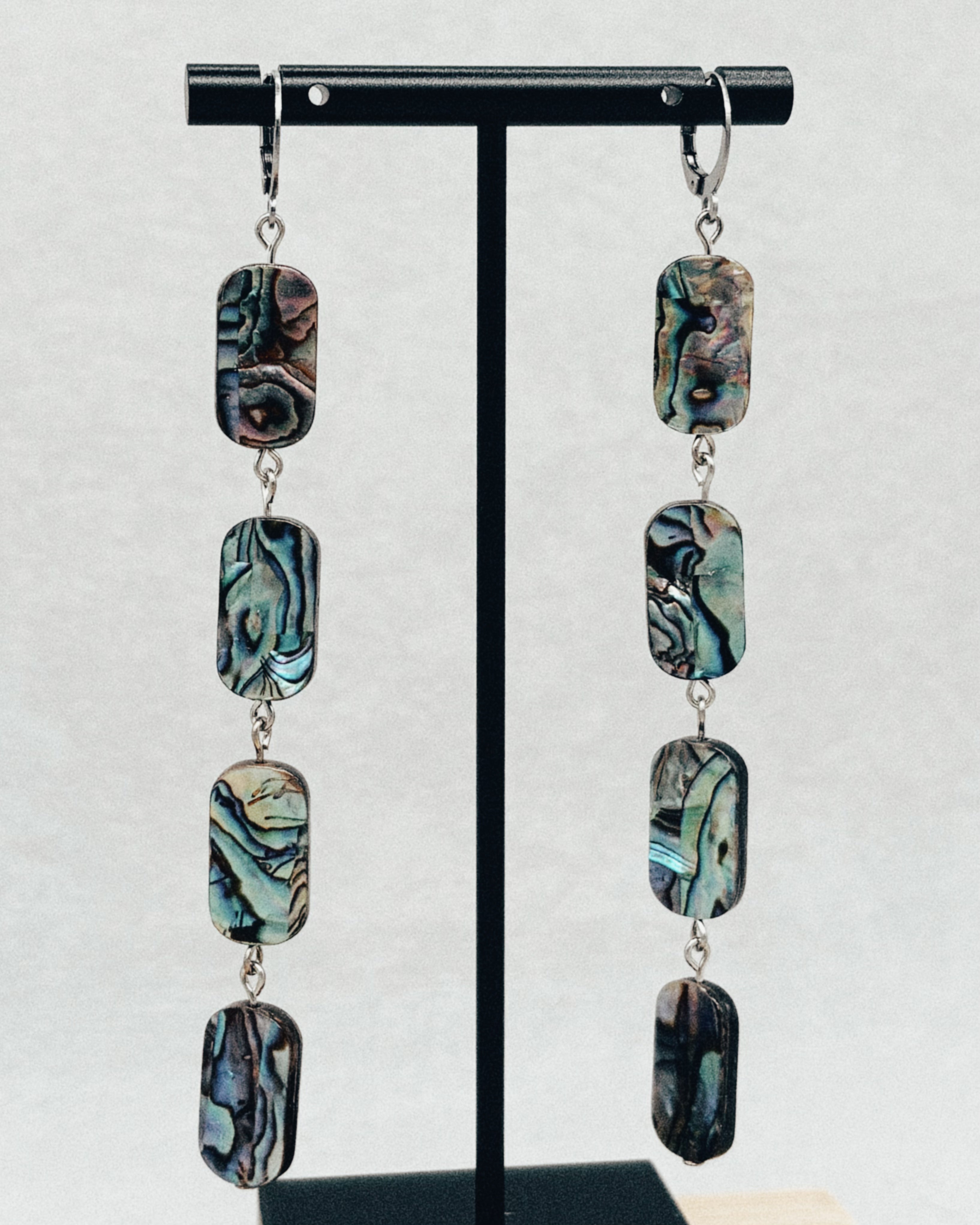 Long Abalone Oval Silver Huggie Dangles
