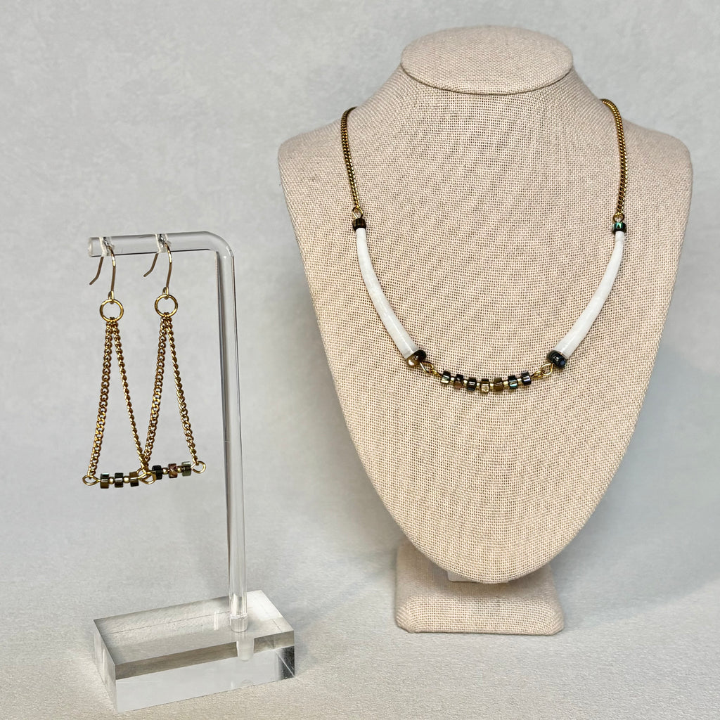 Dentalium and Abalone Gold Set 1 featuring gold chains with white dentalium beads and iridescent abalone accents gallery position 1