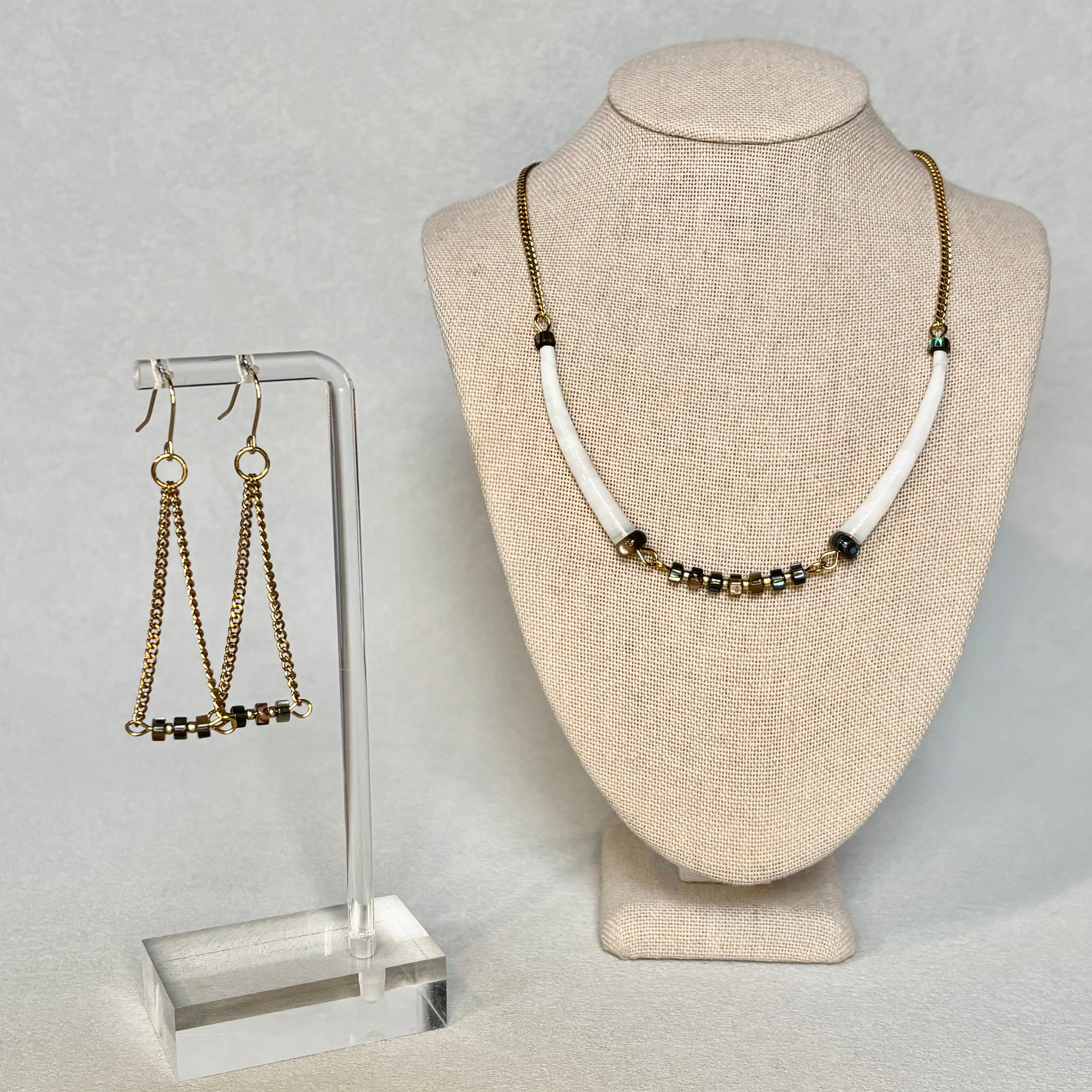 Dentalium and Abalone Gold Set 1 featuring gold chains with white dentalium beads and iridescent abalone accents gallery position 1