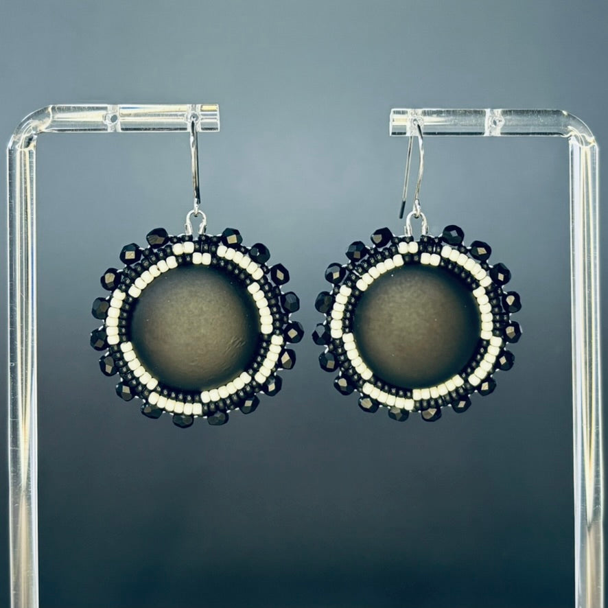 Matte Black and Bone Larger Beaded Earrings