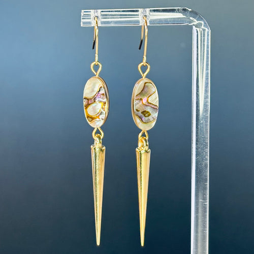 Delicate Abalone Spike Dangles featuring iridescent shell inlays and gold-toned elongated spikes for elegant style.