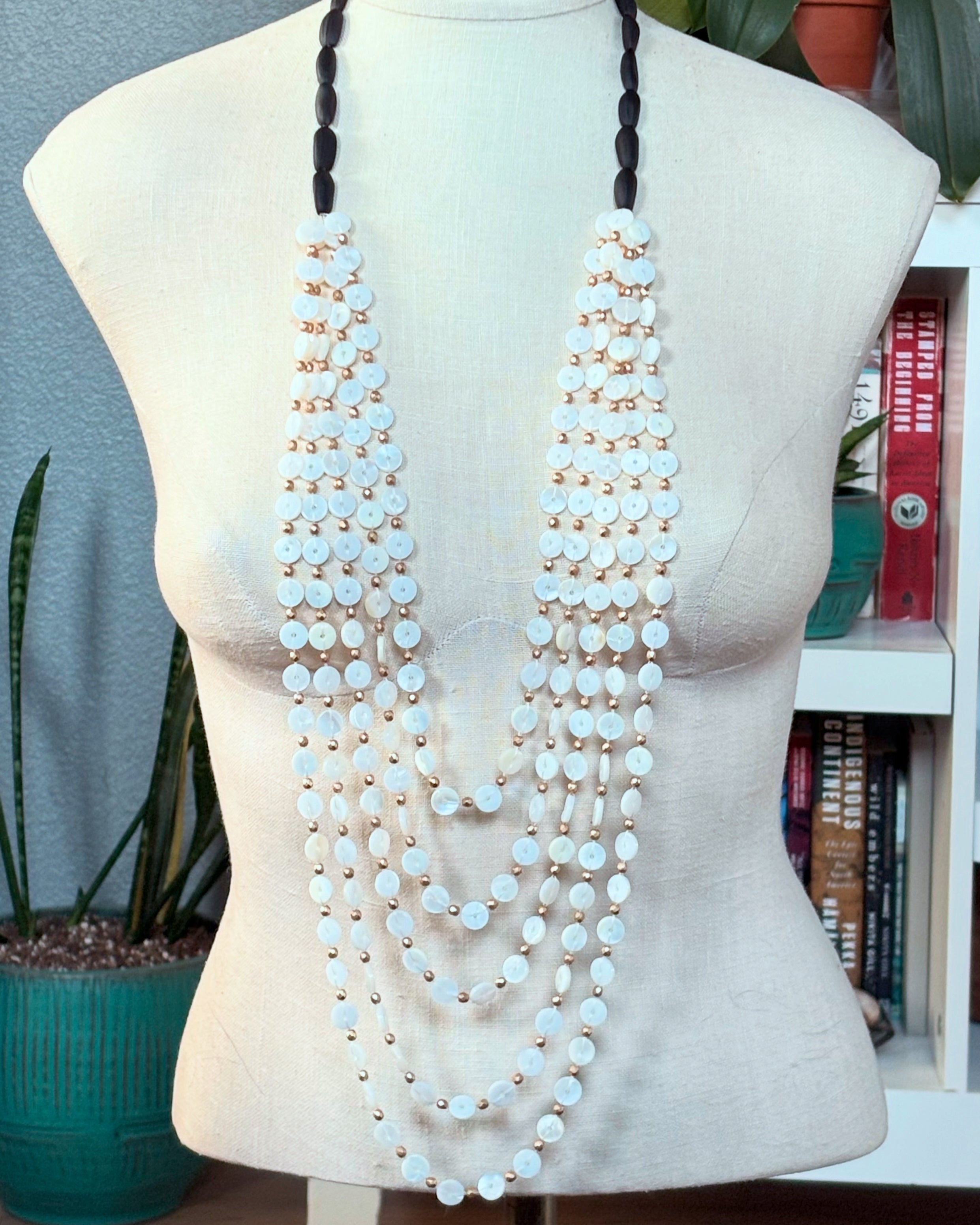 Gold and White Shell and Glass Five Strand Necklace