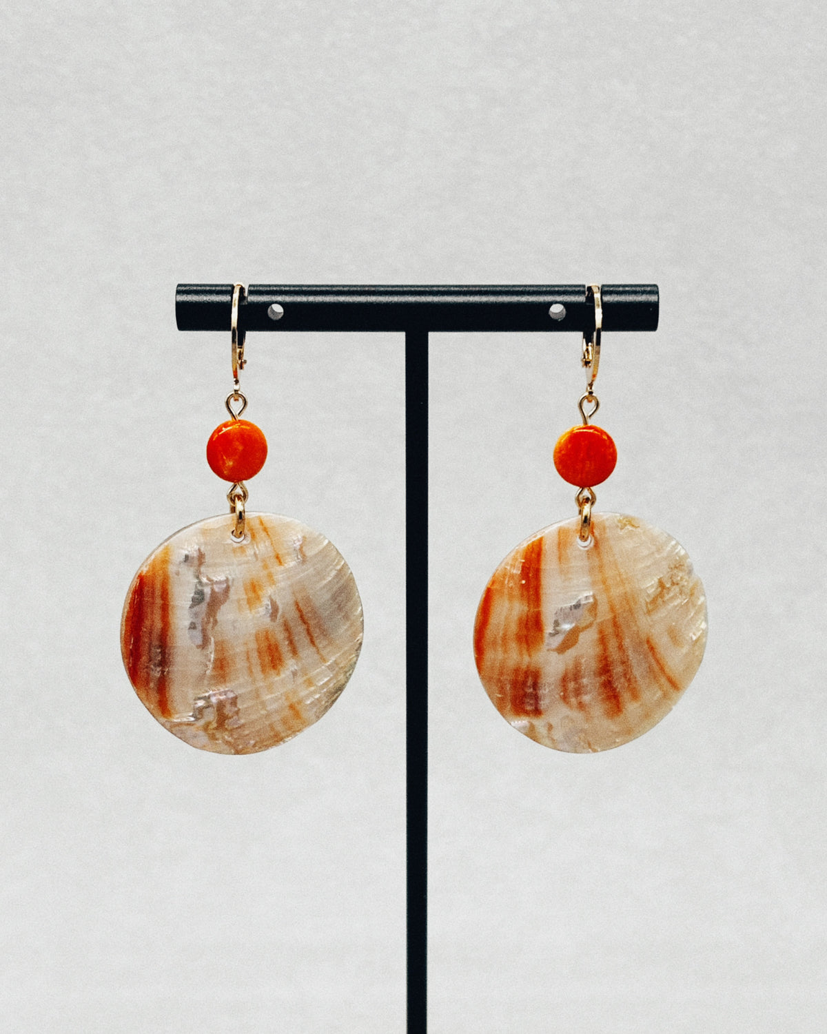 Red Abalone and Spiny Oyster Huggie Dangles with round shell pendants and red beads