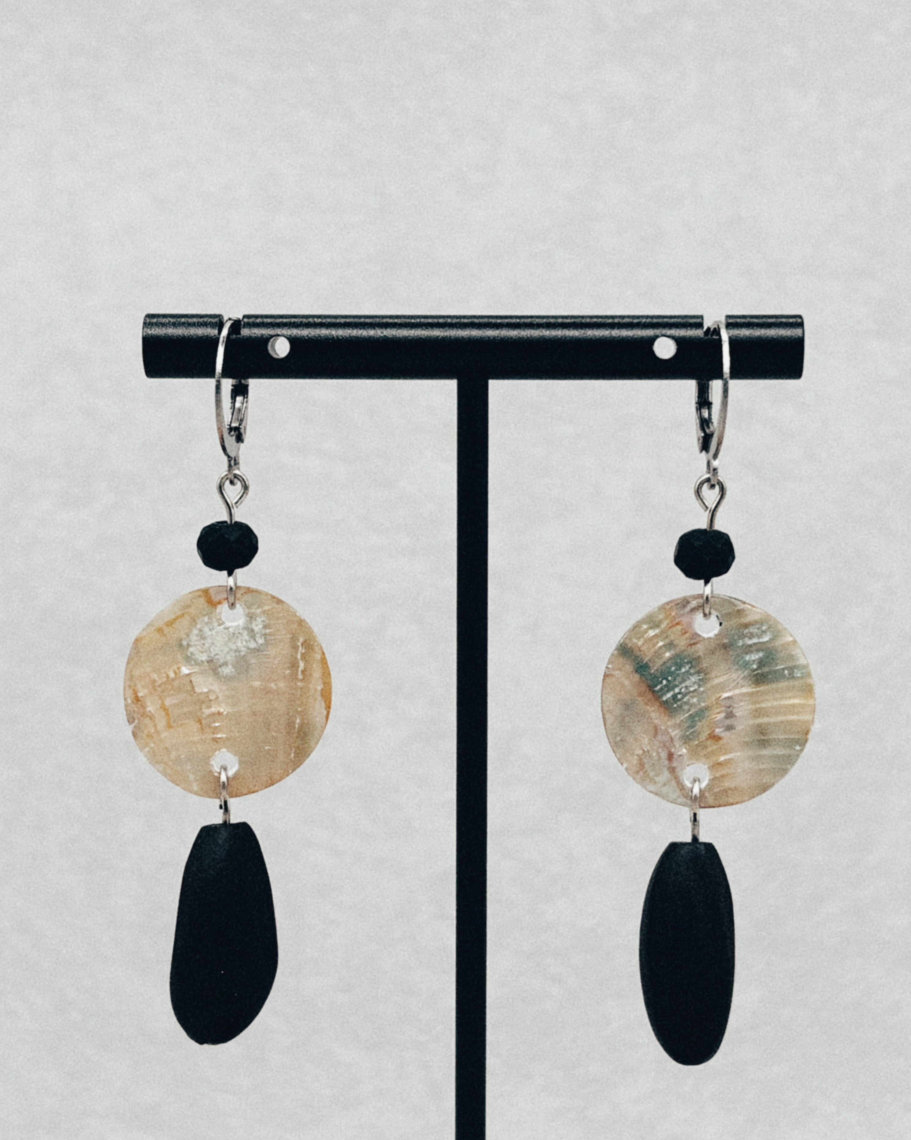 Abalone Rounds and Blackened Pinenut Huggie Dangles