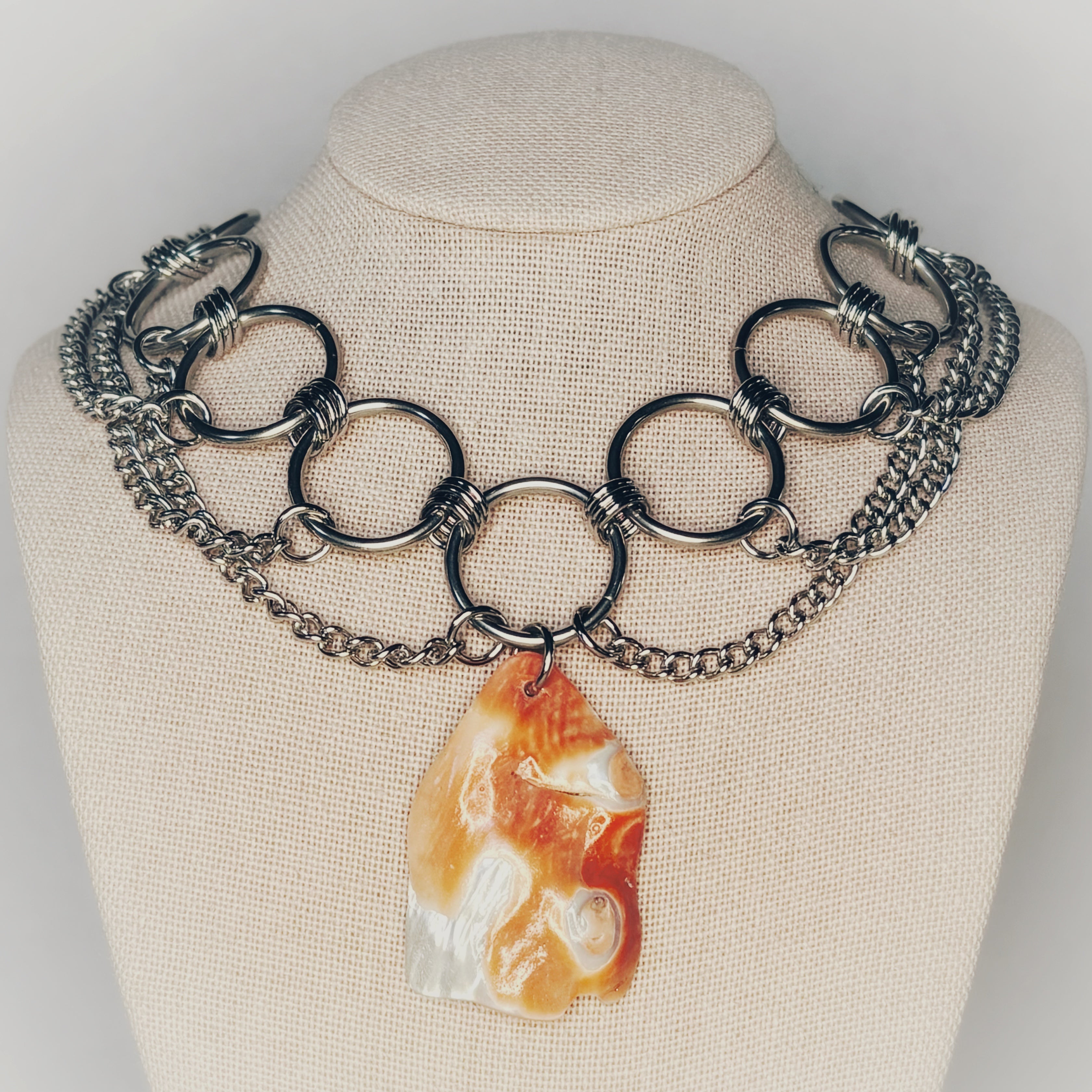 Steel and Abalone Necklace 10 featuring polished steel chainmail links and a vibrant abalone pendant gallery position 1