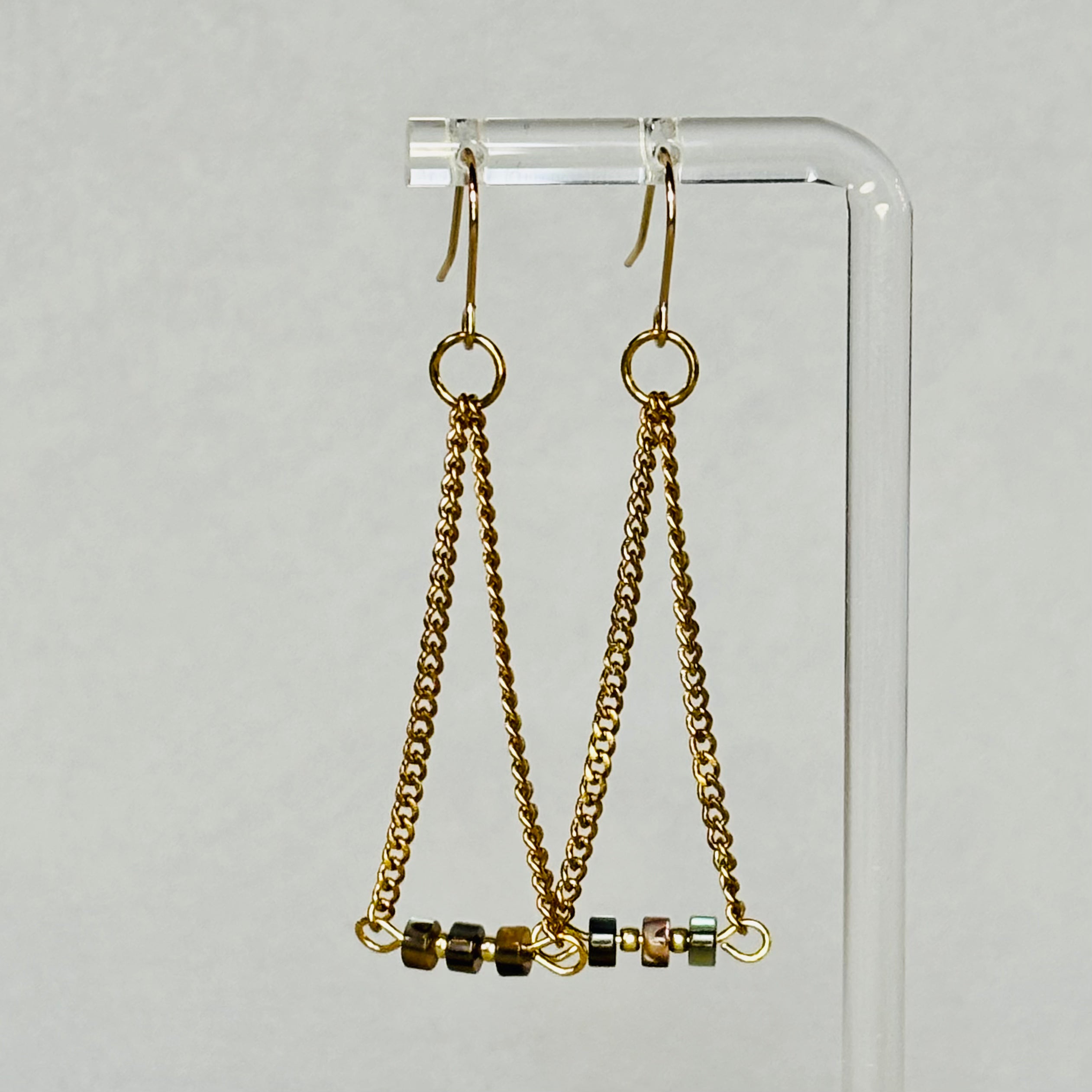 Dentalium and Abalone Gold Set 1 featuring gold chains with small iridescent beads in delicate handmade beaded earrings gallery 1