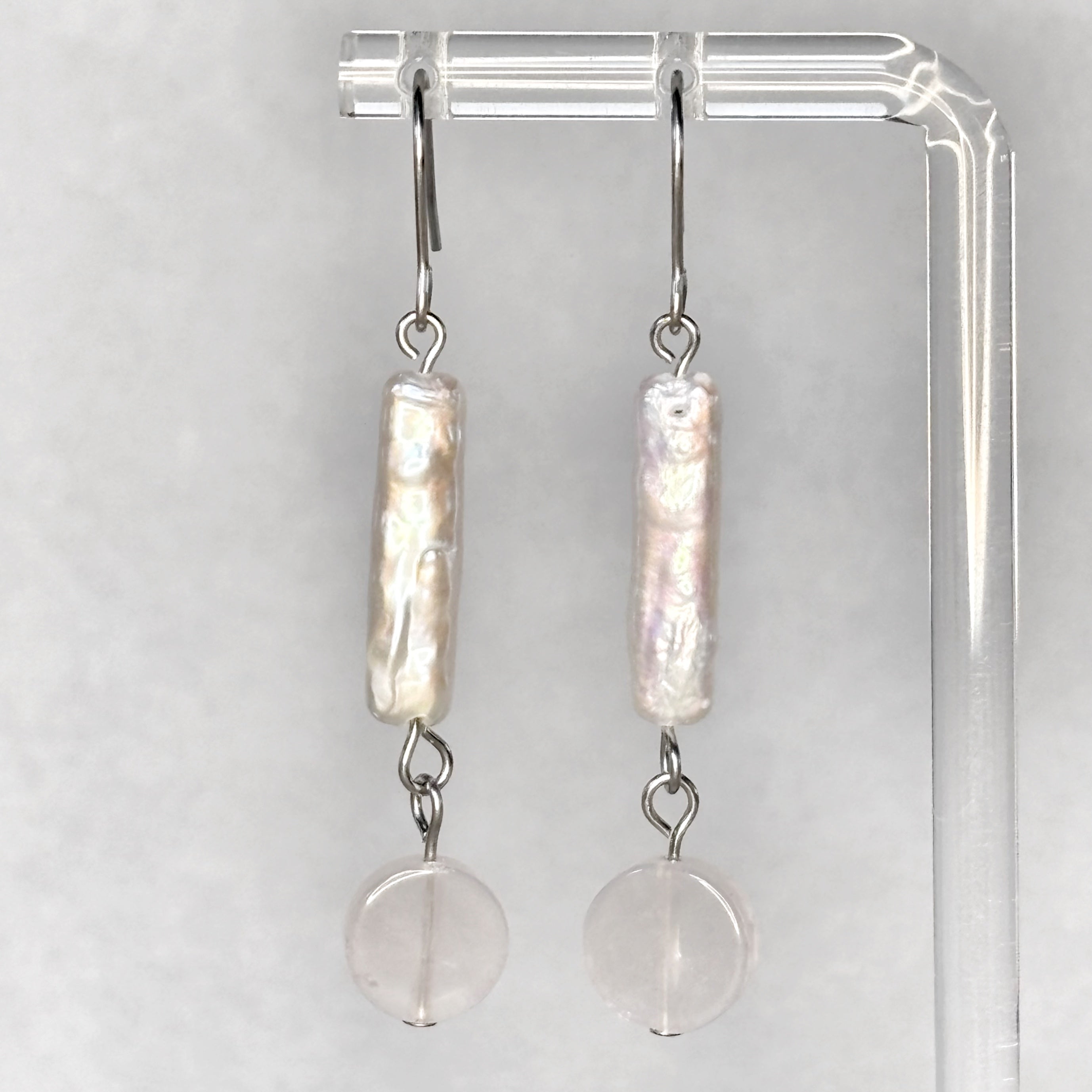 Biwa Pearl and Rose Quartz Dangles with elongated freshwater pearls and gentle rose quartz beads gallery position 1
