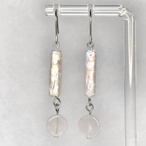 Biwa Pearl and Rose Quartz Dangles with elongated freshwater pearls and gentle rose quartz beads gallery position 1