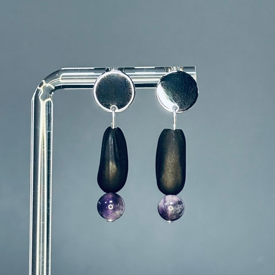 Pinenut and Amethyst Silver Circle Studs