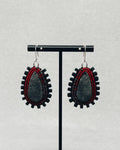Red and Gray Beaded Fossil Dangles handmade beaded earrings with red and gray beadwork