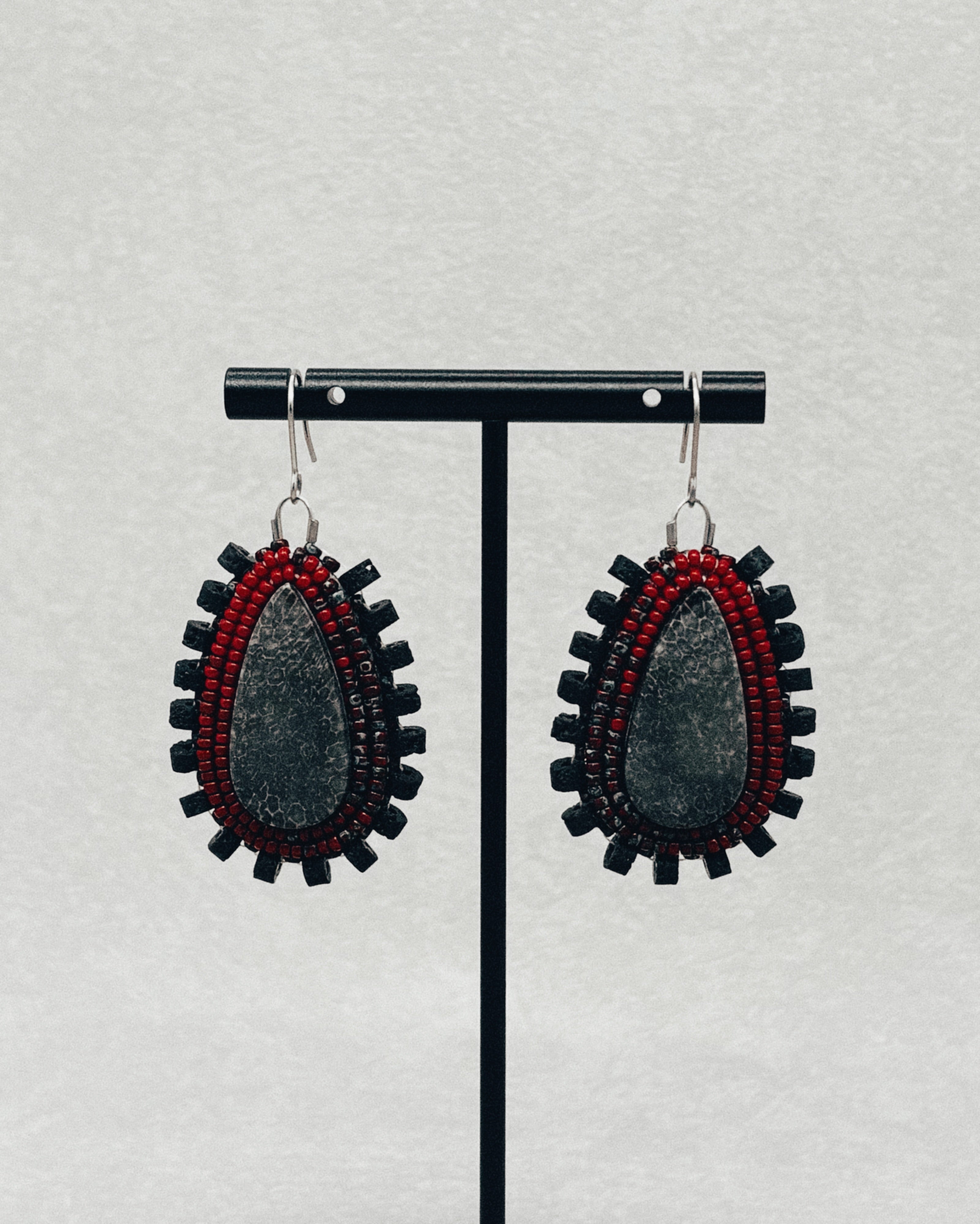 Red and Gray Beaded Fossil Dangles handmade beaded earrings with red and gray beadwork
