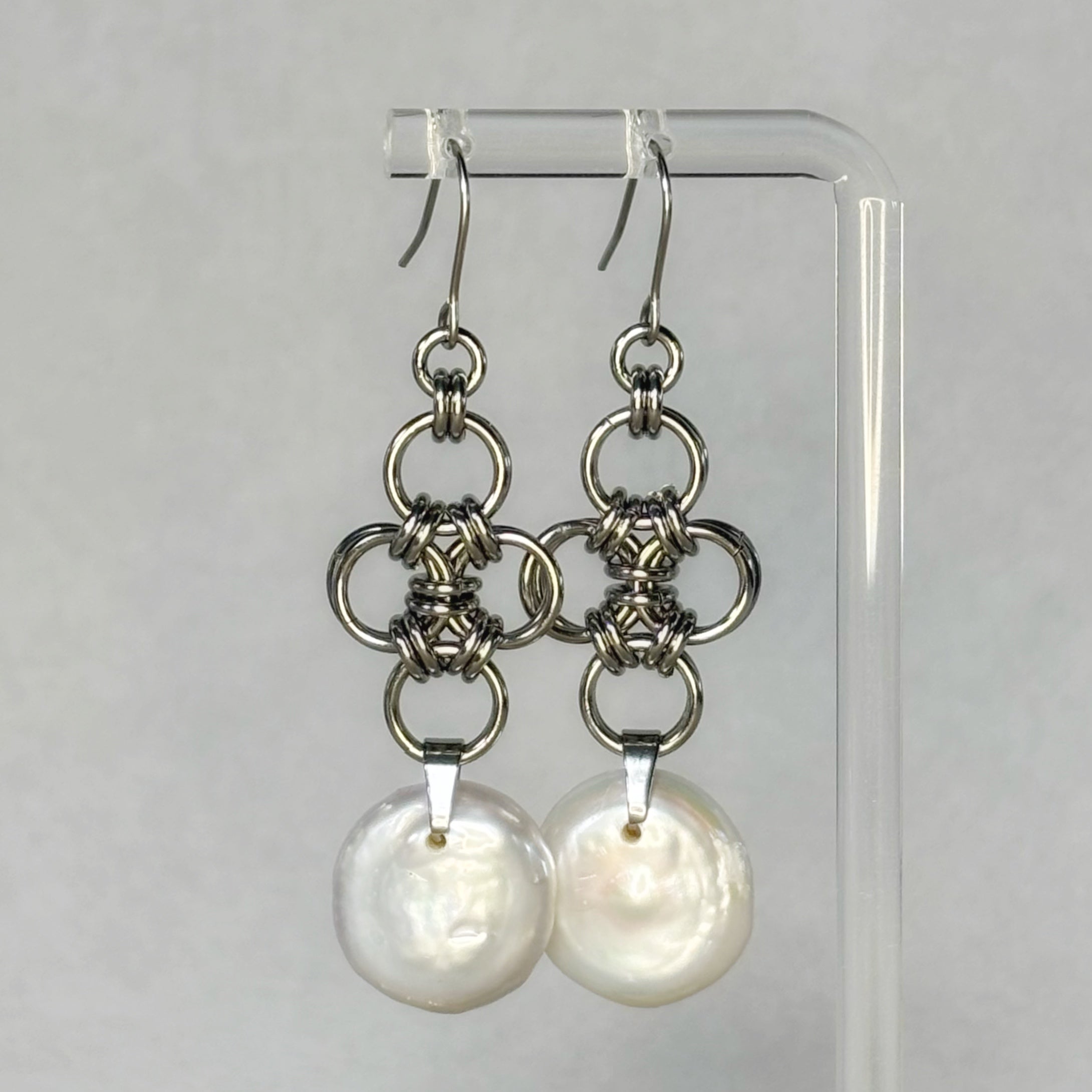 Quatrefoil Dangles with Coin Pearls featuring handcrafted steel chainmail and luminous round pearl accents gallery position 1