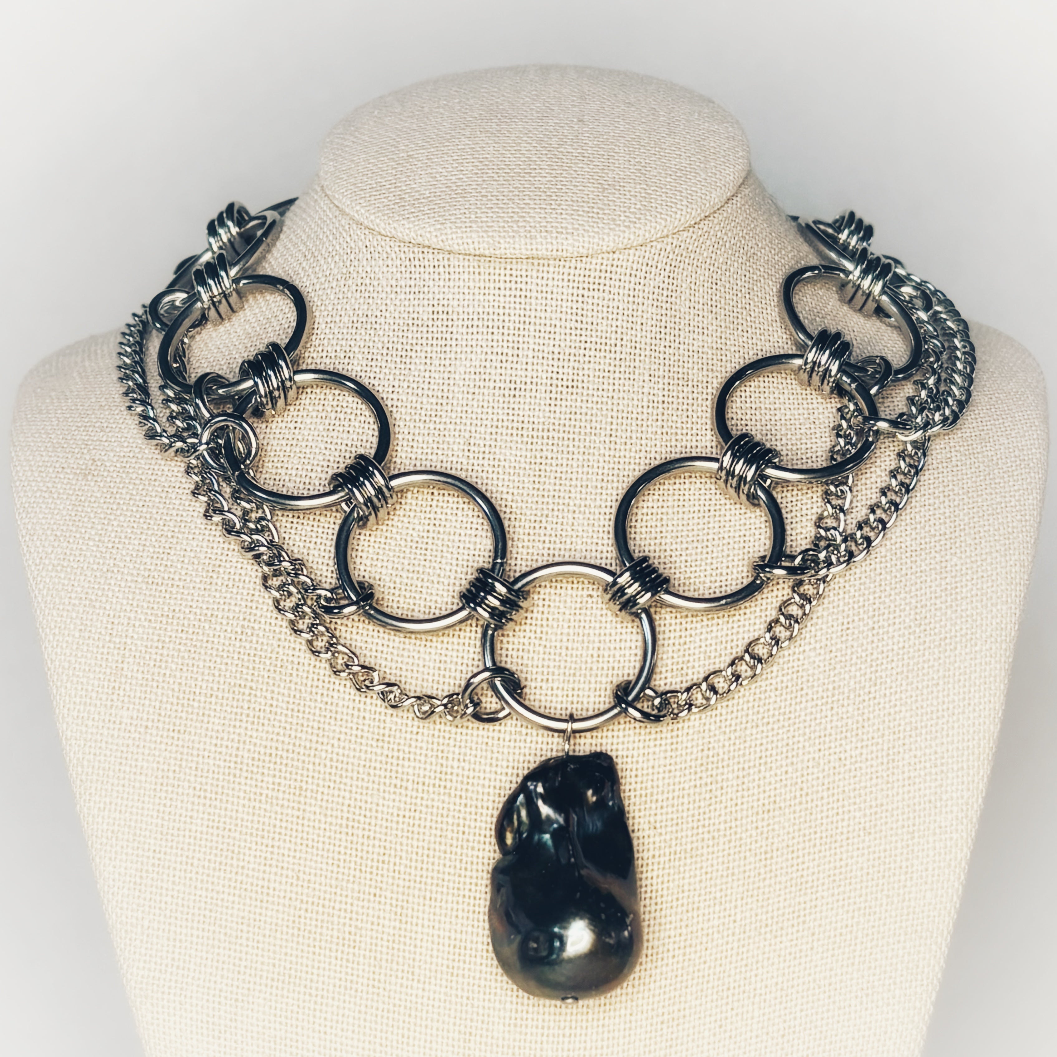 Steel and Pearl Necklace 2 featuring a 14-inch polished chainmail with a dark, irregular baroque pearl pendant gallery position 1