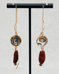 Faceted Abalone and Pinenut Drops with gold chains abalone discs and red wood beads